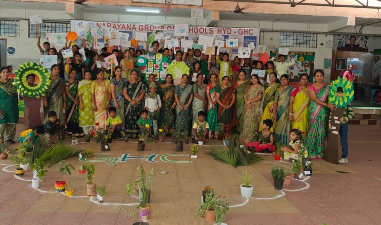 Students and staff planting saplings during Vanamahotsavam at Narayana High School, LB Nagar