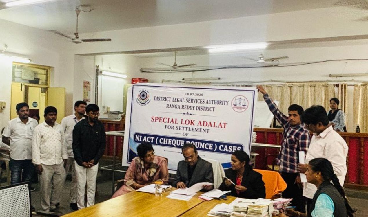 District Legal Services Authority officials holding a Special Lok Adalat for the settlement of NI Act (Cheque Bounce) cases in Ranga Reddy district court.