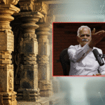 Archaeologist Dr. Emani Sivanagi Reddy speaking in a podcast interview against a backdrop of ancient Indian temple stone pillars, sculptures, and Telugu inscriptions.