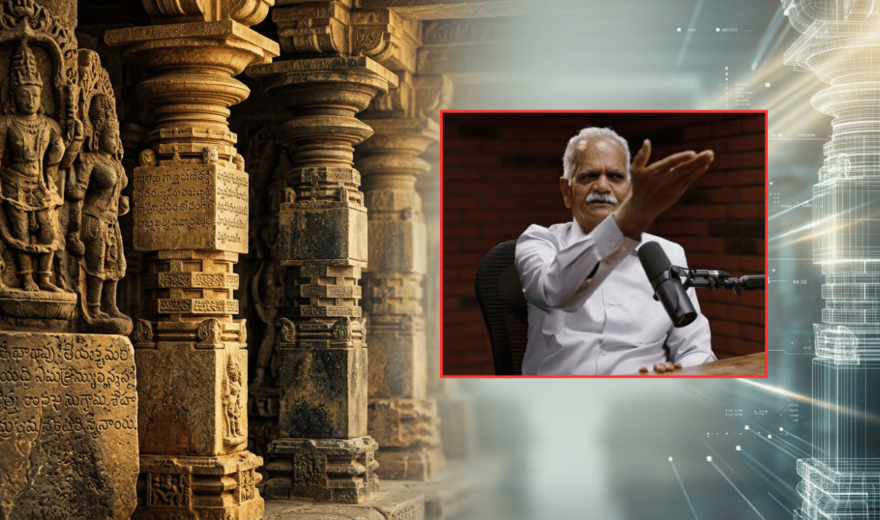 Archaeologist Dr. Emani Sivanagi Reddy speaking in a podcast interview against a backdrop of ancient Indian temple stone pillars, sculptures, and Telugu inscriptions.