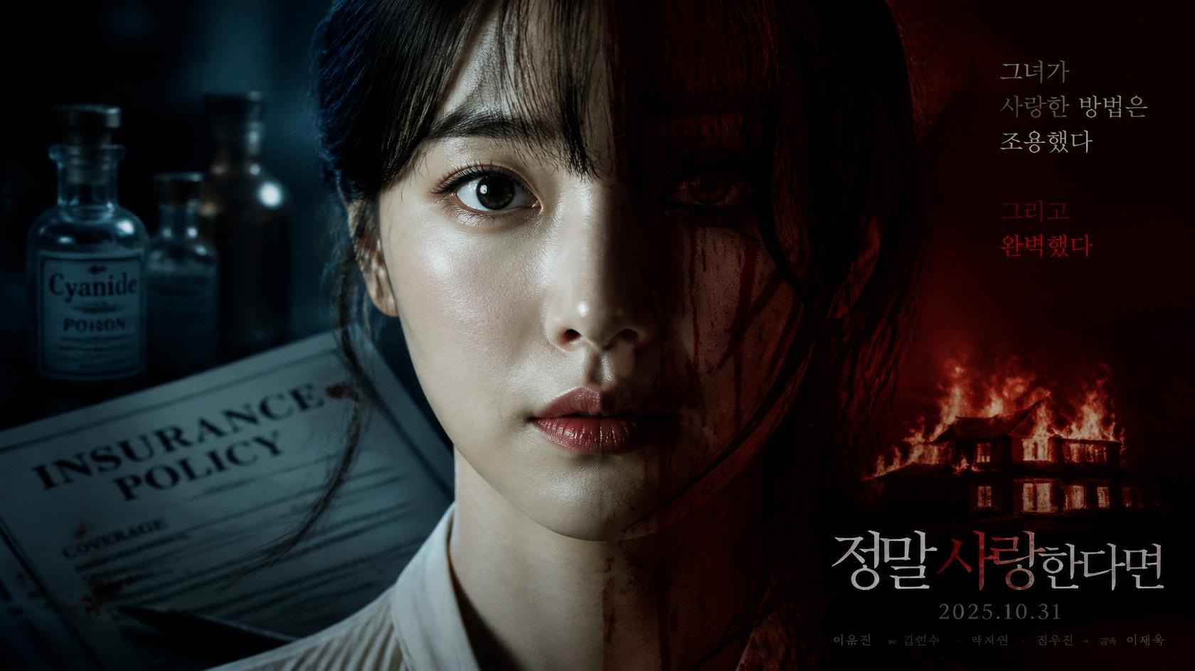 a soft-spoken, beautiful South Korean woman looking innocent, split with a dark shadow or eerie silhouette showing a dangerous psycho killer vibe.