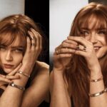 Close up portrait of Sadie Sink posing with bangs hairstyle and wearing elegant gold rings and bracelets